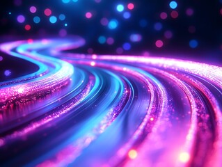 Fototapete - Colorful glowing optical fiber cables in a futuristic setting with vibrant neon lights, glowing in dynamic patterns against a dark background, ultrarealistic, hightech aesthetic