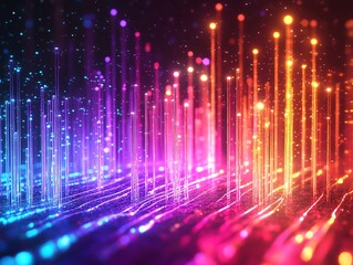 Fototapete - Colorful glowing optical fiber cables in a futuristic setting with vibrant neon lights, glowing in dynamic patterns against a dark background, ultrarealistic, hightech aesthetic