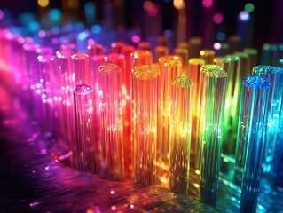 Fototapete - Colorful glowing optical fiber cables in a futuristic setting with vibrant neon lights, glowing in dynamic patterns against a dark background, ultrarealistic, hightech aesthetic