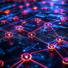 Leinwandbilder - Cybersecurity concept with interconnected nodes, glowing encryption keys, and secure digital data flow, hightech neon color scheme, futuristic aesthetic