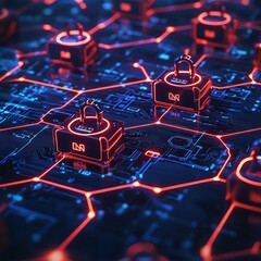Leinwandbilder - Cybersecurity concept with interconnected nodes, glowing encryption keys, and secure digital data flow, hightech neon color scheme, futuristic aesthetic