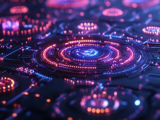 Leinwandbilder - Cybersecurity network with glowing blue data flow, secure communication nodes, and digital protection shields, futuristic tech design with glowing accents