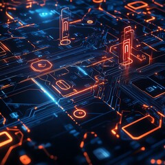Leinwandbilder - Data security technology concept with encrypted data streams, glowing locks, and advanced digital networks, futuristic design with cyber defense elements