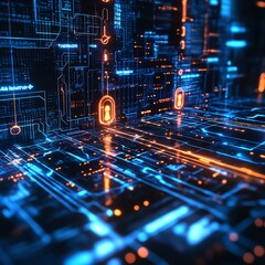 Leinwandbilder - Data security technology concept with encrypted data streams, glowing locks, and advanced digital networks, futuristic design with cyber defense elements