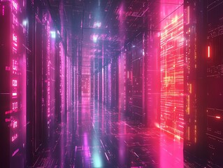 Leinwandbilder - Digital IT security concept featuring encrypted data streams, futuristic security locks, and digital firewalls, in a hightech neon environment