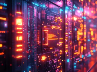 Leinwandbilder - Digital IT security concept featuring encrypted data streams, futuristic security locks, and digital firewalls, in a hightech neon environment