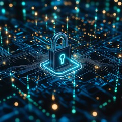 Poster - Futuristic IT security concept with a glowing digital lock, secure data connections, and complex network grids, neon blue and green tones, modern tech look