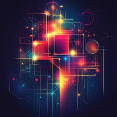 Poster - Dynamic abstract geometric background with 3D cubes, circles, and lines, glowing in bright neon colors, ultramodern, and hightech visual style
