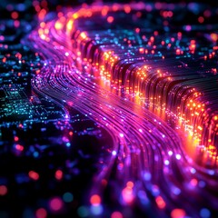 Aufkleber - Glowing optical fiber cables arranged in an intricate network, pulsating with vibrant colors in a dark, cyberpunkinspired digital environment