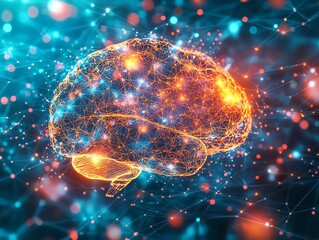 Poster - Neural connections in the brain visualized with glowing light trails, intricate web of digital neurons, futuristic and hightech aesthetic