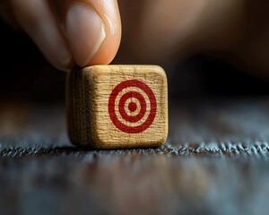Poster - Teamwork and strategic planning concept, person aiming at wooden block with red dartboard icon to represent business growth objectives and goal setting