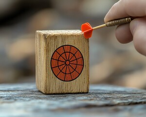 Poster - Teamwork and strategic planning concept, person aiming at wooden block with red dartboard icon to represent business growth objectives and goal setting
