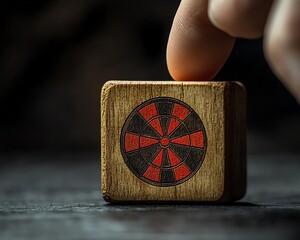 Poster - Teamwork and strategic planning concept, person aiming at wooden block with red dartboard icon to represent business growth objectives and goal setting
