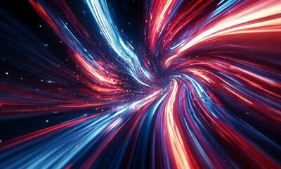 Wall Mural - dynamic hyperspace video, ribbons of red blue white light moving toward an unknown center point