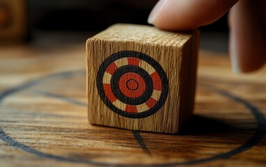 Poster - Business growth concept, individual focusing on wooden block with dartboard icon, symbolizing setting business goals, teamwork, and datadriven strategies