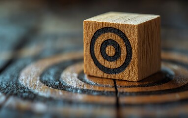 Poster - Business growth concept, individual focusing on wooden block with dartboard icon, symbolizing setting business goals, teamwork, and datadriven strategies