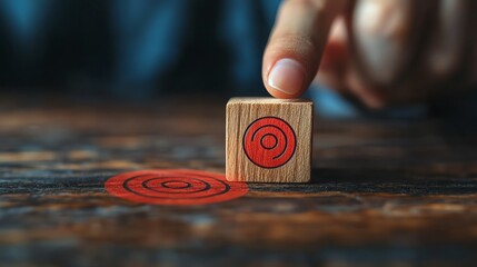 Poster - Businessperson pointing at a wooden block with a red dartboard icon symbolizing business target goals, illustrating teamwork, strategic planning, and growth