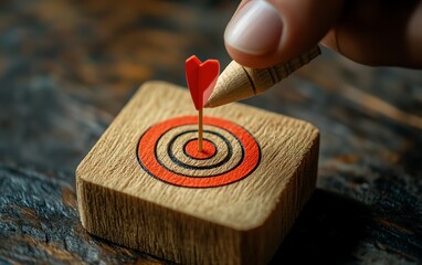 Poster - Businessperson pointing at a wooden block with a red dartboard icon symbolizing business target goals, illustrating teamwork, strategic planning, and growth