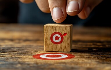 Poster - Businessperson pointing at a wooden block with a red dartboard icon symbolizing business target goals, illustrating teamwork, strategic planning, and growth