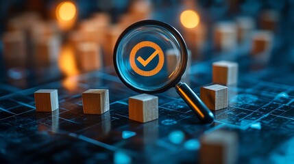 Poster - Quality management concept with a magnifying glass zooming in on a target icon, blocks, and check marks, illustrating business strategy planning and goal setting