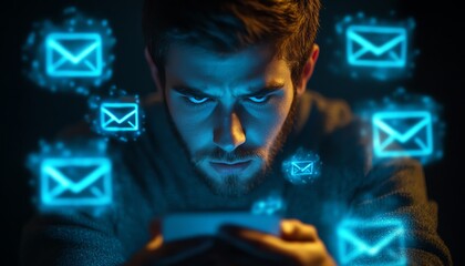 Poster - Smartphone email security alert notification concept, displaying icons of junk mail, scams, viruses, and phishing threats with a worried user looking at the screen