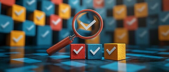 Poster - Strategy planning and quality management concept, magnifying glass highlighting a target icon and blocks with check marks, emphasizing business goals and processes