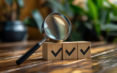 Poster - Business goal setting and quality management process, magnifying glass focusing on blocks with check marks, highlighting the importance of strategy planning in business