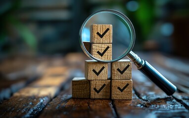 Poster - Business goal setting and quality management process, magnifying glass focusing on blocks with check marks, highlighting the importance of strategy planning in business