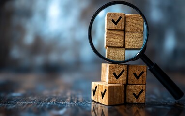 Poster - Business goal setting and quality management process, magnifying glass focusing on blocks with check marks, highlighting the importance of strategy planning in business