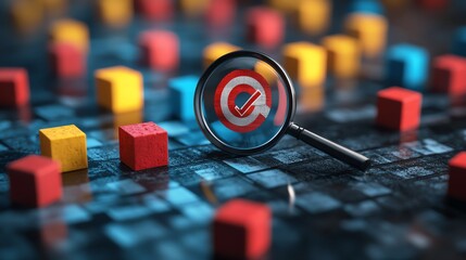 Poster - Business quality management and strategy planning concept with a magnifying glass examining a target icon, blocks, and check marks symbolizing progress and goal setting