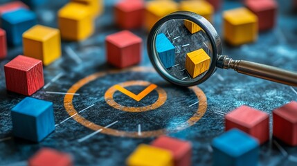Poster - Business quality management and strategy planning concept with a magnifying glass examining a target icon, blocks, and check marks symbolizing progress and goal setting