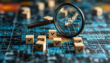 Poster - Business strategy and quality management concept, magnifying glass emphasizing a target icon with blocks and check marks, showcasing goal setting and decisionmaking