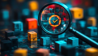 Poster - Business strategy and quality management concept, magnifying glass emphasizing a target icon with blocks and check marks, showcasing goal setting and decisionmaking