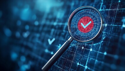 Poster - Business strategy planning concept with a magnifying glass focusing on a target icon and blocks with check marks, symbolizing goal setting and quality management processes