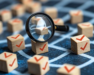 Poster - Business strategy planning and quality management concept, magnifying glass zooming in on a target icon and blocks with check marks, representing strategic goals and success