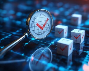 Poster - Business strategy planning and quality management concept, magnifying glass zooming in on a target icon and blocks with check marks, representing strategic goals and success