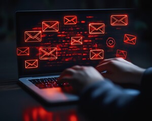 Poster - Email security warning notification concept with a person using a laptop displaying email security alert icons and red warning symbols indicating cybersecurity threats such as spam