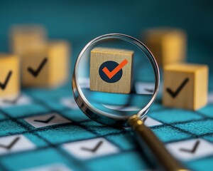 Poster - Magnifying glass on business strategy planning, focusing on a target icon and blocks with check marks, illustrating effective goal setting and quality management in business