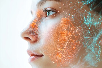 Wall Mural - woman's face overlaid with a digital network, symbolizing connection and technology's impact on huma