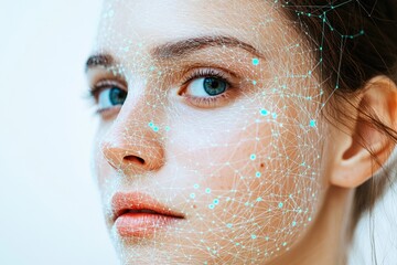 Wall Mural - a woman's face is overlaid with a futuristic, glowing network, symbolizing technological integration