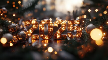 Aufkleber - Glowing New Year garland highlights 2025 celebration with warm golden lights in a festive ambiance Generative AI