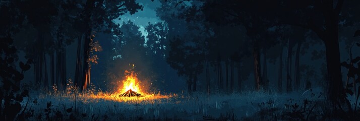 Aufkleber - Solitary campfire illuminating a dark forest clearing at night in a peaceful setting Generative AI