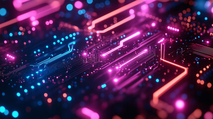 Digital Circuitry: A mesmerizing macro shot showcasing an intricate web of neon circuits and microchips, reflecting the dynamic pulse of modern technology and innovation