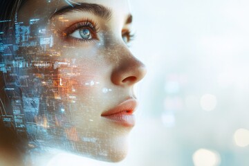Wall Mural - a woman's face overlaid with futuristic digital data streams, symbolizing technological integration 