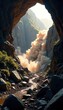© Iris - Massive rockslide in dark cavern, dust cloud billowing , basalt, movement