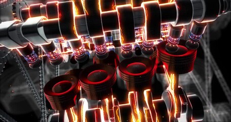 Leinwandbilder - Hood Lifting to Show Spark Plug Action and Piston Motion in V8 Engine. Industry And Technology Related 3D Animation.