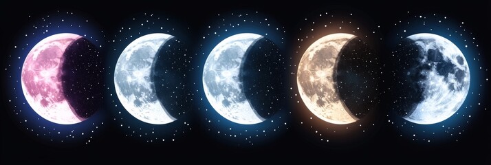 Wall Mural - lunar cycle phases - captivating views of the moon's phases under a dark night sky, illustrating the