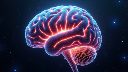 Wall Mural - Digital brain structures, Hyper-realistic glowing digital brain in cosmic sea circuits aglow like city maps at night.