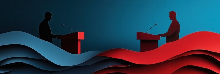Poster - Engaging debate unfolds with bold paper art background featuring silhouettes of figures at podiums creating dynamic political atmosphere Generative AI
