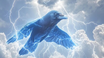  Electric Blue Bird Flying Through Dramatic Stormy Sky